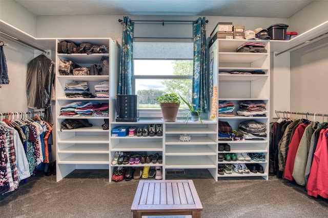 walk in closet featuring dark colored carpet