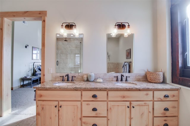 bathroom with vanity and walk in shower