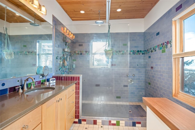 bathroom with a wealth of natural light, walk in shower, and wood ceiling