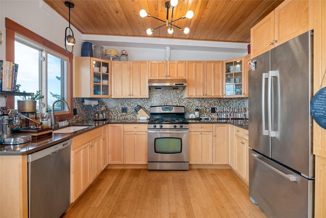 kitchen with wooden ceiling, stainless steel appliances, and decorative light fixtures