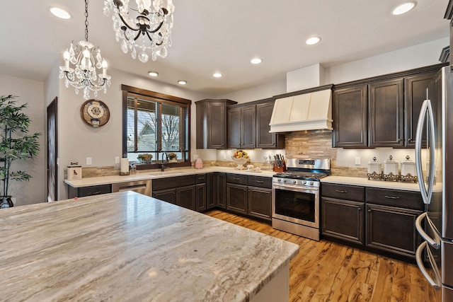 kitchen with appliances with stainless steel finishes, decorative light fixtures, light wood-type flooring, custom range hood, and sink