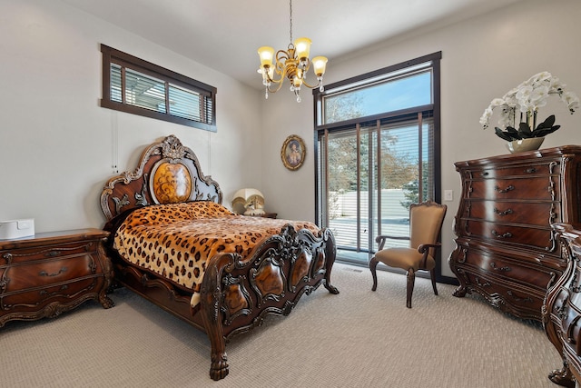 carpeted bedroom featuring an inviting chandelier and multiple windows