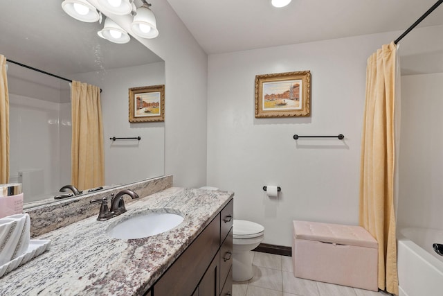 full bathroom featuring tile patterned flooring, toilet, vanity, and shower / tub combo with curtain