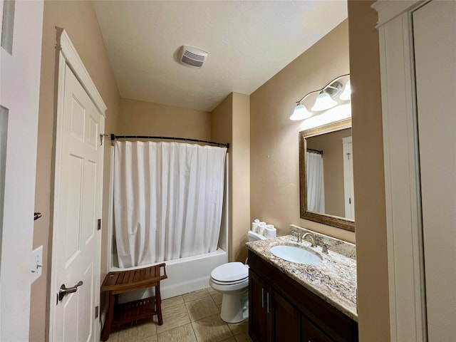 full bathroom with toilet, shower / bath combination with curtain, tile patterned floors, and vanity