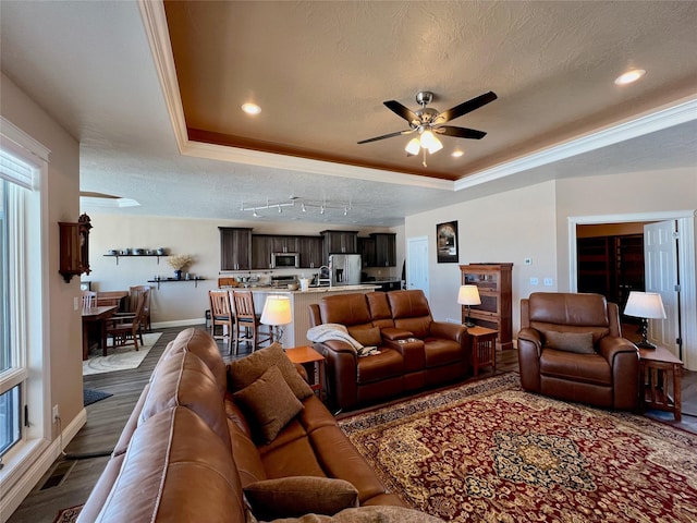 living room featuring a raised ceiling, ceiling fan, a textured ceiling, and hardwood / wood-style flooring