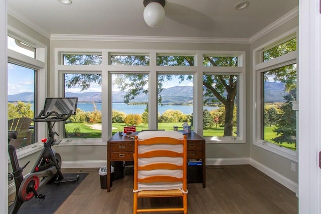 sunroom with a water and mountain view and a healthy amount of sunlight