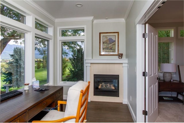 interior space with a tiled fireplace