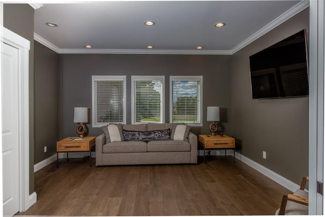 living room featuring dark wood-type flooring and crown molding