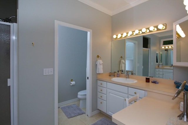 bathroom with toilet, a shower with shower door, tile patterned floors, ornamental molding, and vanity