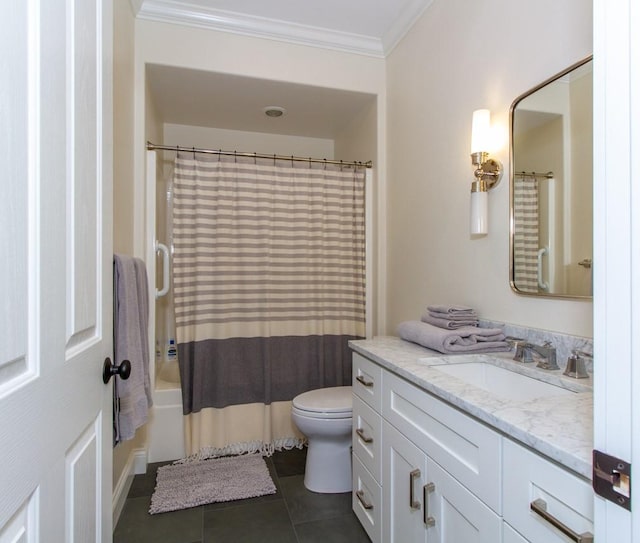 full bathroom featuring tile patterned floors, vanity, shower / tub combo, toilet, and crown molding