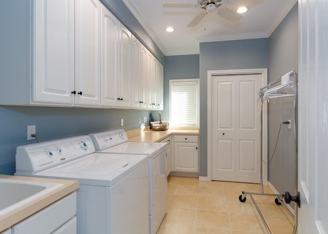 washroom with light tile patterned floors, ceiling fan, independent washer and dryer, cabinets, and ornamental molding