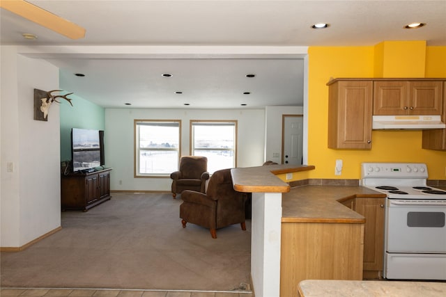 kitchen featuring light colored carpet, kitchen peninsula, and white electric stove