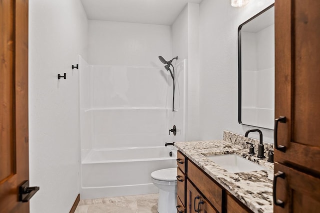 bathroom with toilet, shower / bathtub combination, vanity, and baseboards