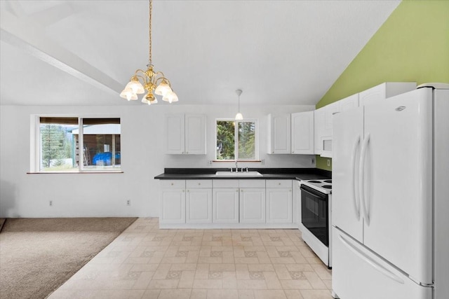 kitchen featuring white appliances, white cabinetry, light carpet, sink, and hanging light fixtures