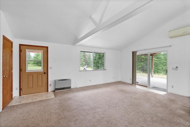 unfurnished living room with an AC wall unit, light colored carpet, heating unit, and lofted ceiling with beams