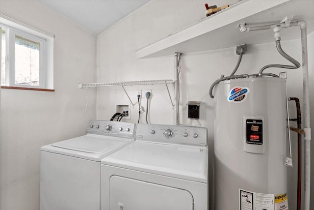 laundry room featuring electric water heater and washing machine and clothes dryer