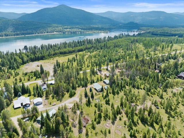 drone / aerial view featuring a water and mountain view