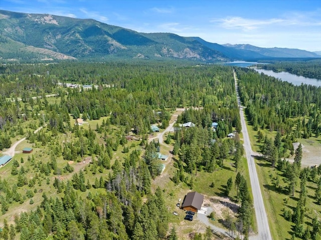 bird's eye view with a water and mountain view