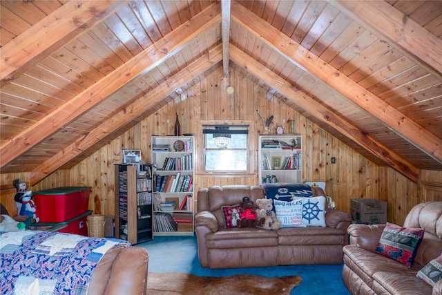 living room featuring wood ceiling and wood walls