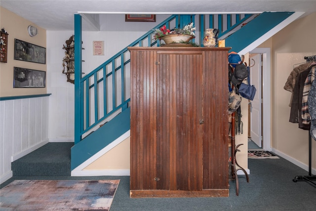 stairway featuring carpet