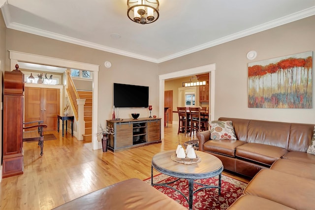 living room with crown molding and hardwood / wood-style floors