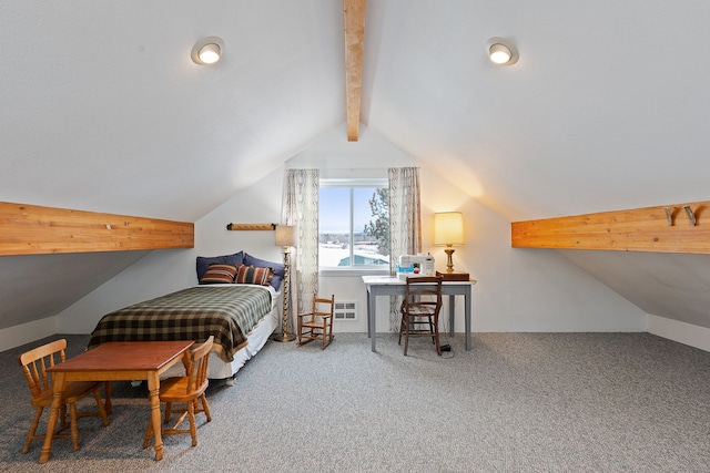 carpeted bedroom with vaulted ceiling with beams