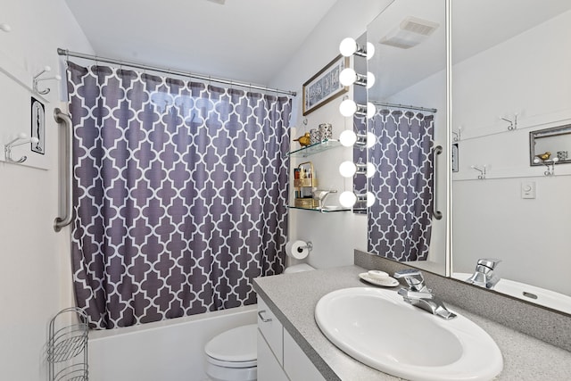 full bathroom featuring toilet, vanity, and shower / bath combination with curtain