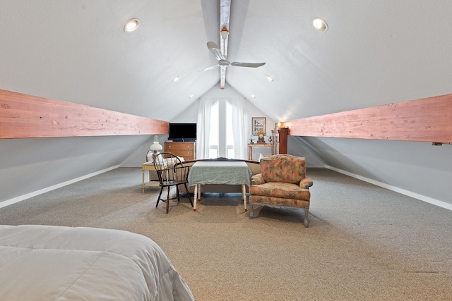 bedroom with carpet floors, vaulted ceiling, and ceiling fan