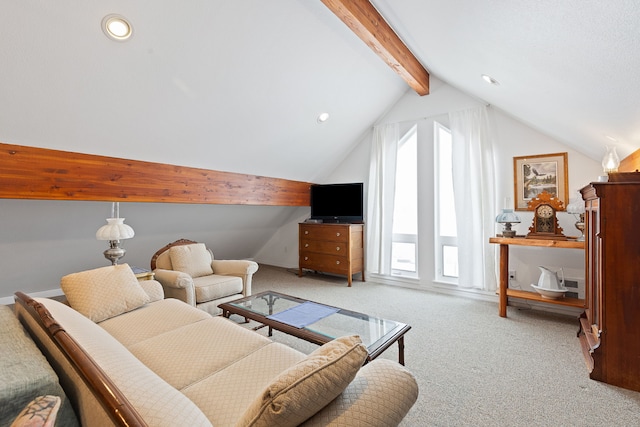 living room with light colored carpet and lofted ceiling with beams