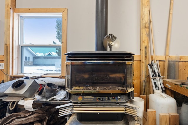 room details featuring a wood stove