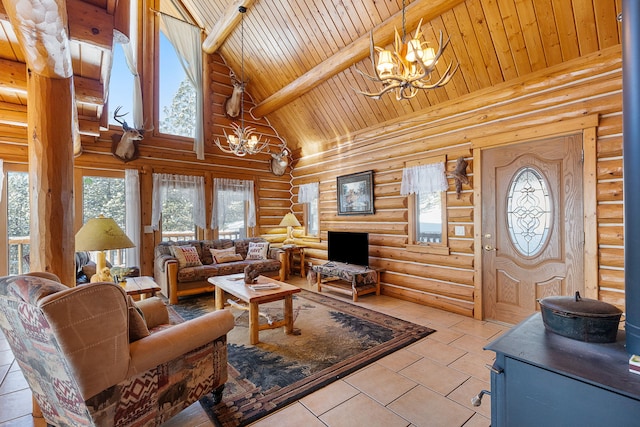 2122 Lightning Draw Trl, Victor, MT 59875 - living room with a chandelier, log walls, high vaulted ceiling, plenty of natural light, and wood ceiling with exposed beams