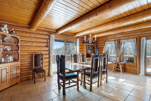2122 Lightning Draw Trl, Victor, MT 59875 - tiled dining space with a chandelier, wood ceiling with exposed beams, and rustic walls