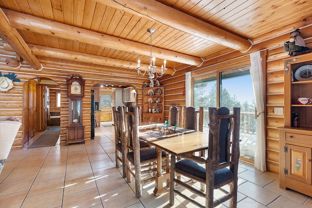 2122 Lightning Draw Trl, Victor, MT 59875 - dining room featuring wood ceiling with exposed beams, light tile patterned floors, rustic walls, and a chandelier