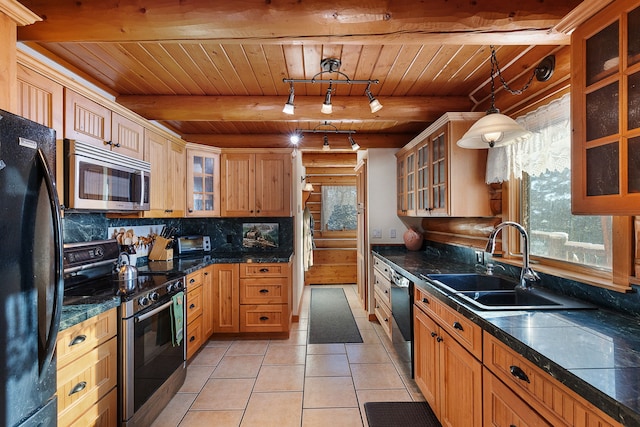 2122 Lightning Draw Trl, Victor, MT 59875 - kitchen with black appliances, wooden ceiling with exposed beams, a sink, tasteful backsplash, and dark countertops