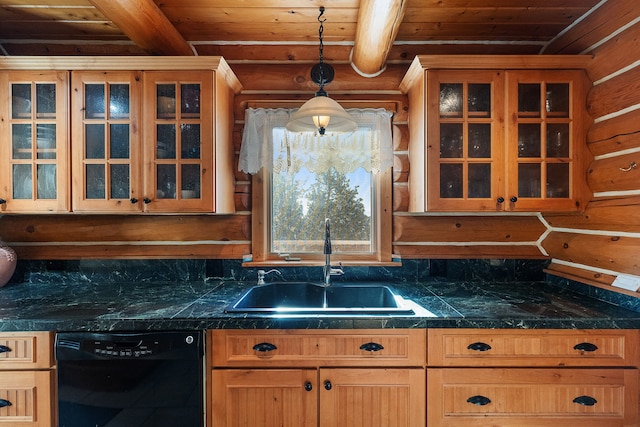 2122 Lightning Draw Trl, Victor, MT 59875 - kitchen featuring dishwasher, tile counters, a sink, wood ceiling with exposed beams, and pendant lighting