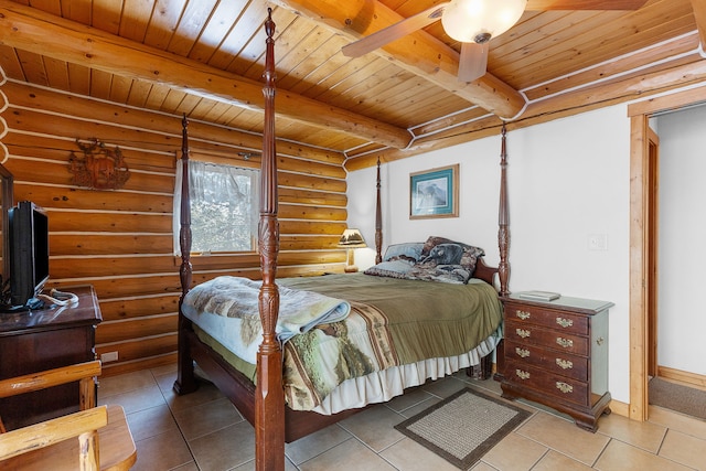 2122 Lightning Draw Trl, Victor, MT 59875 - bedroom featuring wooden ceiling with exposed beams, light tile patterned floors, baseboards, and log walls
