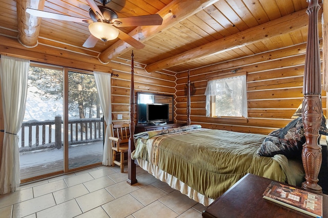 2122 Lightning Draw Trl, Victor, MT 59875 - tiled bedroom with access to exterior, wood ceiling with exposed beams, multiple windows, and log walls