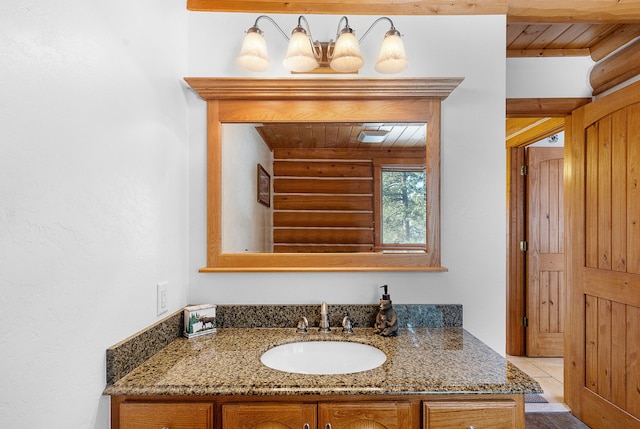 2122 Lightning Draw Trl, Victor, MT 59875 - bathroom featuring wooden ceiling, vanity, and rustic walls