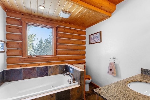 2122 Lightning Draw Trl, Victor, MT 59875 - bathroom featuring rustic walls, wooden ceiling, toilet, a jetted tub, and vanity