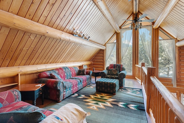 2122 Lightning Draw Trl, Victor, MT 59875 - living room featuring a ceiling fan, wooden ceiling, and log walls