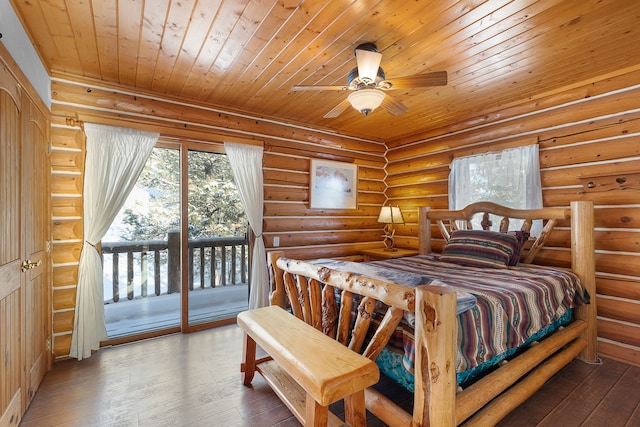 2122 Lightning Draw Trl, Victor, MT 59875 - bedroom with access to outside, hardwood / wood-style floors, wooden ceiling, and ceiling fan