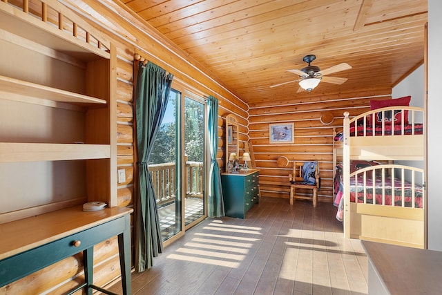 2122 Lightning Draw Trl, Victor, MT 59875 - unfurnished bedroom with rustic walls, access to outside, wood-type flooring, and wooden ceiling