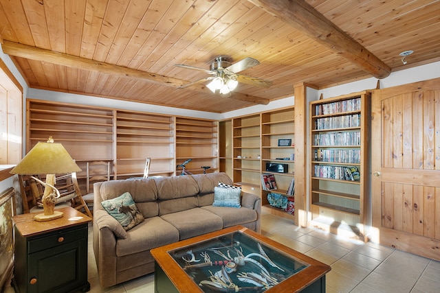 2122 Lightning Draw Trl, Victor, MT 59875 - living room featuring wood ceiling with exposed beams, light tile patterned floors, a ceiling fan, and built in shelves