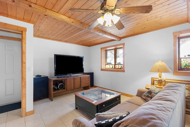 2122 Lightning Draw Trl, Victor, MT 59875 - living room with wooden ceiling with exposed beams, light tile patterned floors, a ceiling fan, and baseboards