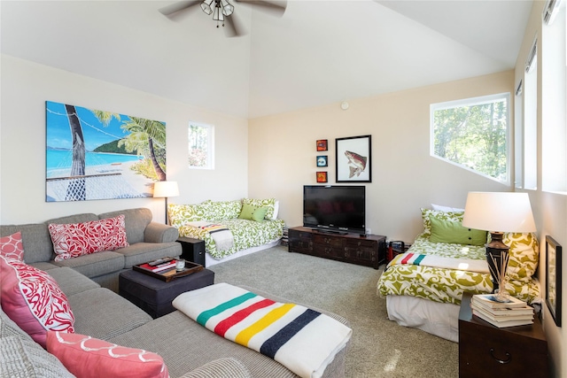 living room featuring ceiling fan, high vaulted ceiling, and carpet flooring