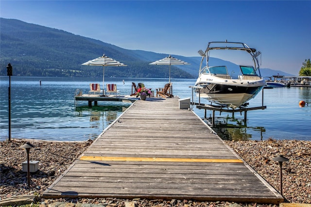 view of dock with a water and mountain view