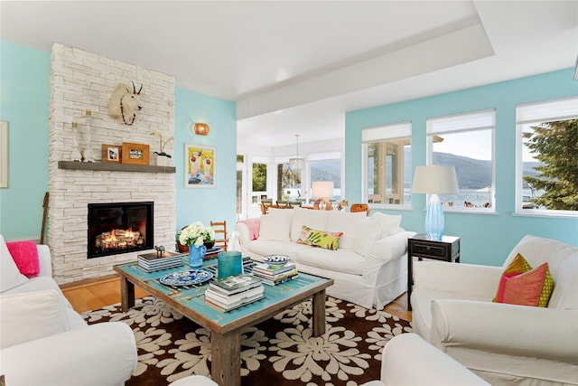 living room featuring hardwood / wood-style floors and a fireplace