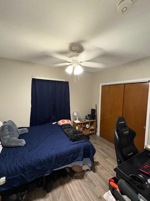 bedroom featuring light hardwood / wood-style flooring and ceiling fan