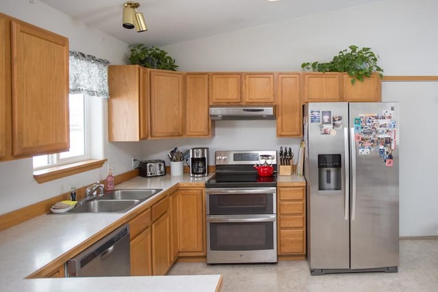 kitchen featuring sink, vaulted ceiling, and stainless steel appliances