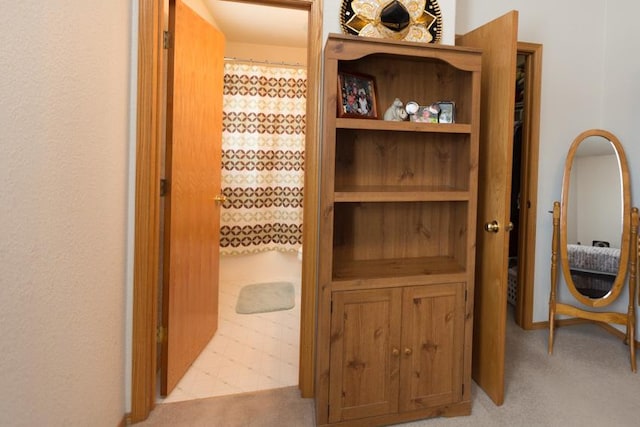 hallway with light colored carpet